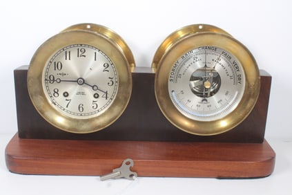 CHELSEA STRIKING SHIPS BELL CLOCK AND MATCHING BAROMETER ON SUB-BASE, 1ST HALF 20TH CENTURY