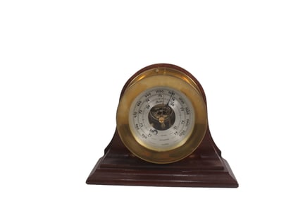 BOSTON POLISHED BRASS BAROMETER WITH WOOD SUB-BASE, CIRCA 1992