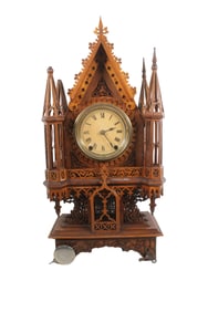 ORNATE VICTORIAN TRAMP ART STEEPLE CLOCK, CIRCA 1890