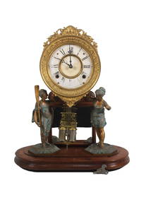 ANSONIA CRYSTAL PALACE NO. 1 EXTRA CLOCK, CIRCA 1880: Ansonia Crystal Palace No. 1 Extra figural clock with wood base and glass dome. The clock has polychrome painted figures of a seaman and a maiden. The clock has a paper dial with Roman numerals. The c