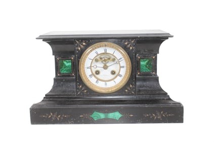 FRENCH SLATE MANTLE CLOCK WITH MALACHITE TRIM, CIRCA 1890