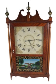 CHAUNCEY IVES PILLAR AND SCROLL 30 HOUR WOOD MOVEMENT SHELF CLOCK, CIRCA 1820