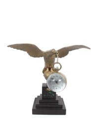 VICTORIAN BALL CLOCK WITH BRONZE EAGLE WATCH STAND ON BLACK STONE PIETRA DURA INLAY BASE, CIRCA 1900