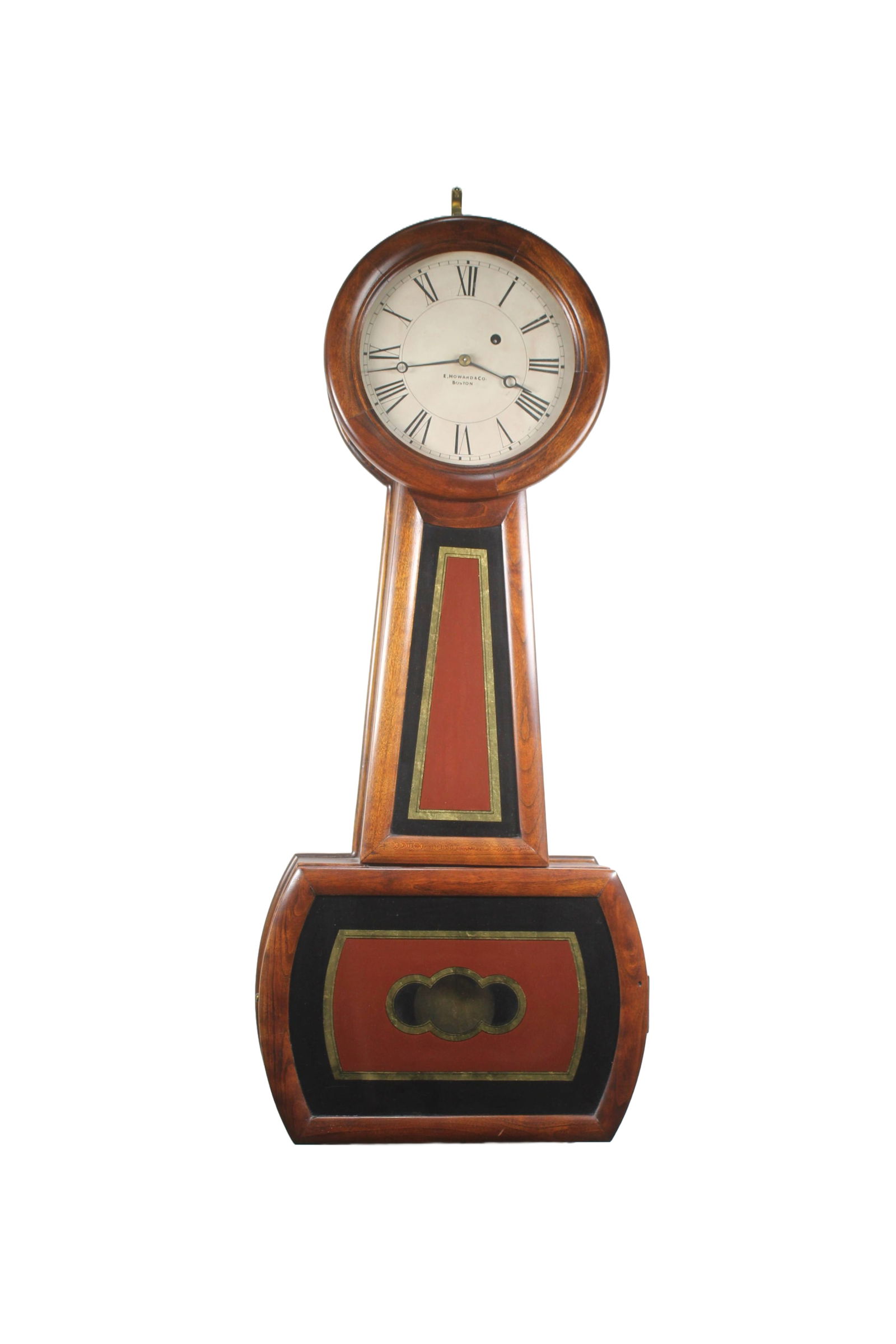 E. HOWARD AND CO. MODEL NO. 4 BANJO CLOCK, CIRCA 1880: E. Howard and Co. Model No. 4 Banjo style wall clock in solid cherry wood case with black red and gold leaf decorated reverse painted glass panels. The clock has a white painted metal dial with Roman