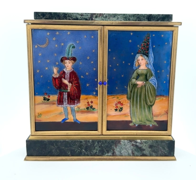 GUBELIN 8 DAY ENAMEL, STONE AND GILT BRASS TABLE CLOCK: The Unusual And Fine Table Clock With 8 Day Movement by Gubelin Is Decorated With Enamel Panels Depicting Day and Night. The brass framed clock with polished stone accents is decorated with finely ena