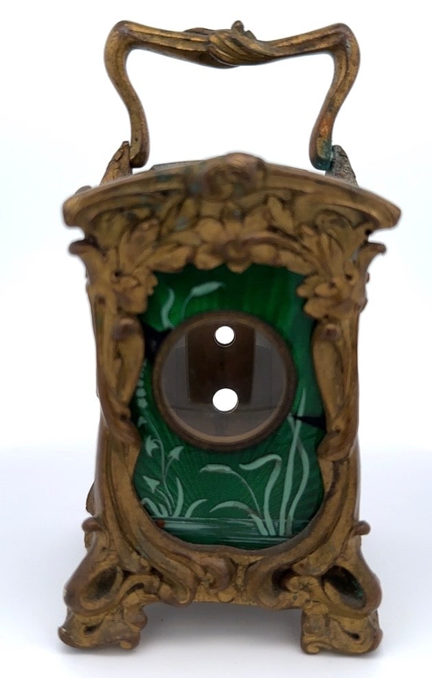 ART NOUVEAU ENAMEL AND GILT METAL MINIATURE CARRIAGE CLOCK CASE, CIRCA 1890: Art Nouveau Style Ornate Gilt Metal Miniature Carriage Clock With Green Guilloche Enamel Panels Decorated With White Enamel Cat Tails. The case is approx. 87.7mm from the bottom of the foot to top of