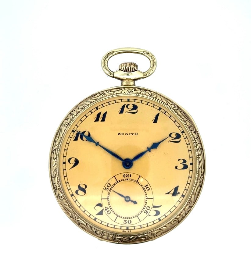 ZENITH 14K YELLOW GOLD ART DECO OPEN FACE POCKET WATCH, CIRCA 1935: Zenith 14k Yellow Gold Art Deco Open Face Gentleman?s Dress Pocket Watch With Gilt Metal Dial Having Art Deco Arabic Numerals Signed Zenith. The watch has a pendant wind and set nickel bridge plate mo