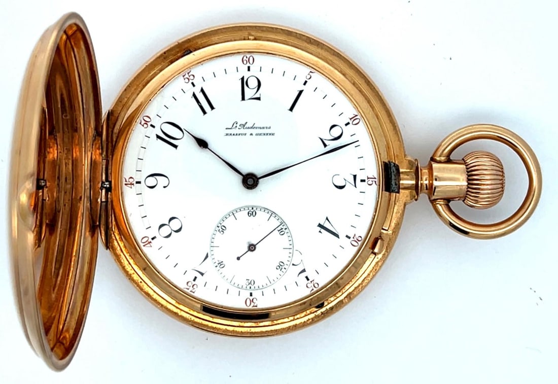 LOUIS AUDEMARS 14K GOLD HUNTING CASE POCKET WATCH, CIRCA 1894: L. Audemars and Cie. 14k Rose Gold Hunting Case Pocket Watch Has A High Grade Nickel Bridge Plate Movement And Is Jeweled To The Center. The Movement Is Signed L. Audemars Brassus and Geneve. The Watc