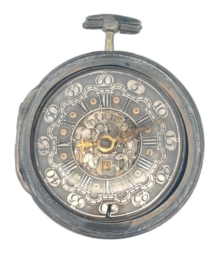 J. TARTS, LONDON VERGE FUSEE WITH CALENDAR POCKET WATCH IN REPOUSSE SILVER PAIR CASE, CIRCA 1776 (1 of 8)
