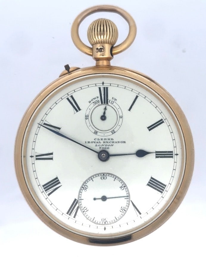 CLERKE 18K GOLD OPEN FACE POCKET WATCH WITH POWER RESERVE, CIRCA 1890 (1 of 5)
