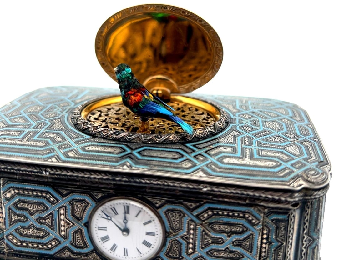PATEK PHILIPPE SINGING BIRD BOX WITH CLOCK IN STERLING SILVER AND ENAMEL (1 of 20)