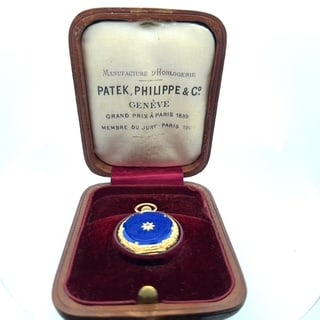 PATEK PHILIPPE 18K GOLD ENAMEL AND DIAMOND PENDANT WATCH WITH ORIGINAL BOX, CIRCA 1906 (1 of 6)