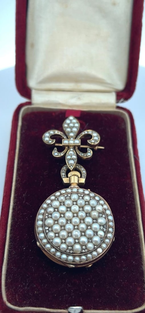 J. ROSSEL AND FILS GOLD ROSE CUT DIAMOND AND PEARL PENDANT WATCH WITH MATCHING PIN, CIRCA 1870 (1 of 8)