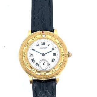 CARTIER MOVADO CHRONOPLAN 18K GOLD WRISTWATCH, CIRCA 1930?S: Movado for Cartier 18k yellow gold Chronoplan model wristwatch in 18k yellow gold has hand stamped 4 digit Cartier reference number stamped on the lug. The watch dial ha black Roman numerals signed Ca