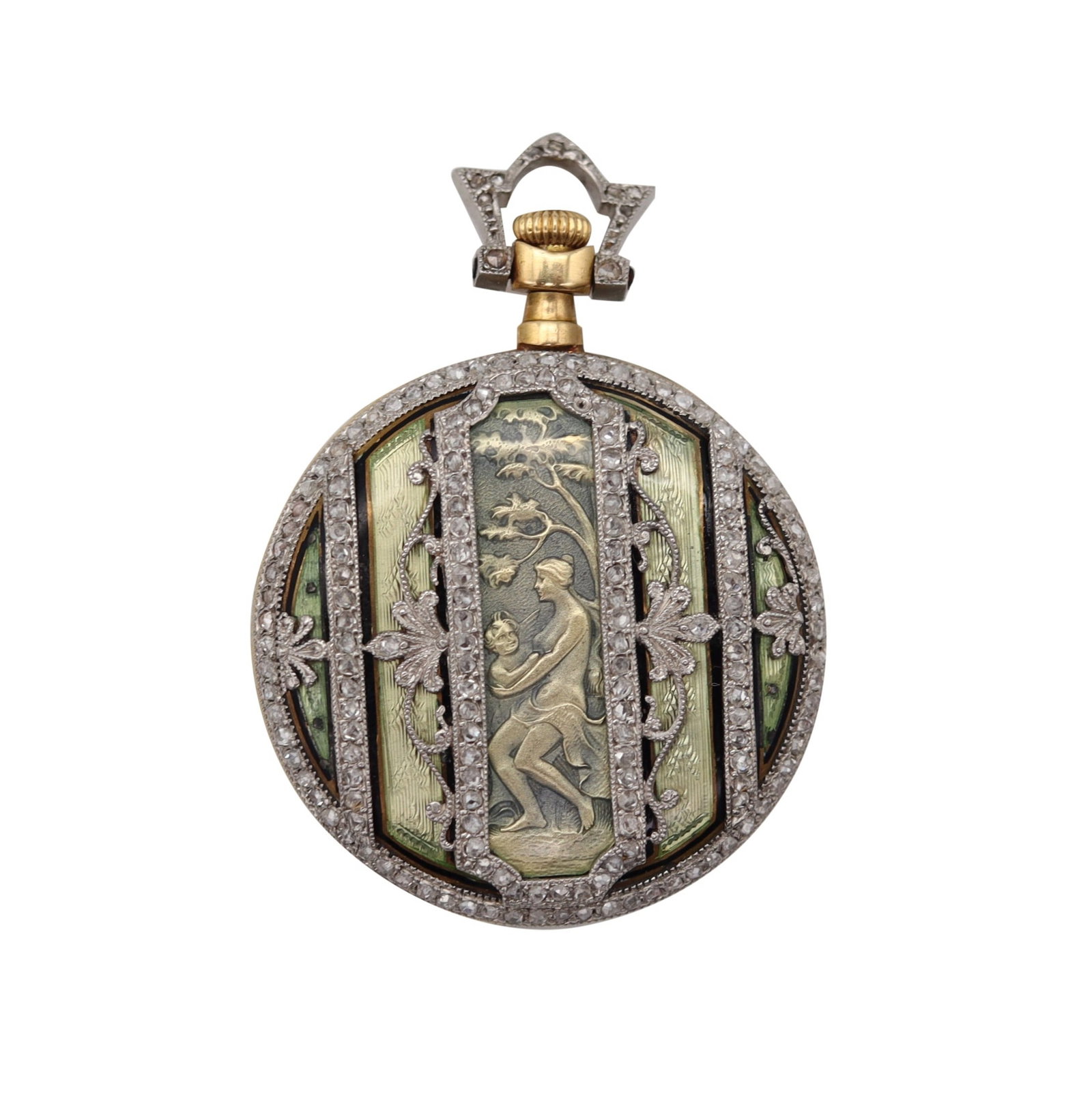 Exceptional Patek Philippe Belle Epoque 18k Gold, Enamel and Diamond Pendant Watch, Circa 1910: Exceptionally fine Patek Philippe for Bailey, Banks and Biddle Belle Epoque 18k gold, enamel, platinum and diamond open face pendant watch. The watch case back is finely detailed with a maiden holding
