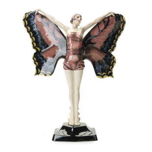 GOLDSCHEIDER, BUTTERFLY LADY FIGURE,JOSEF LORENZL: Provenance:Property from The Saul Brandman Foundation, Beverly Hills, California.NO.22 Artist: Josef Lorenzl Issued: Art Deco 1925-1941 Dimensions: H: 18 1/2 in.(46.99 cm) W: 15 in.(38.1