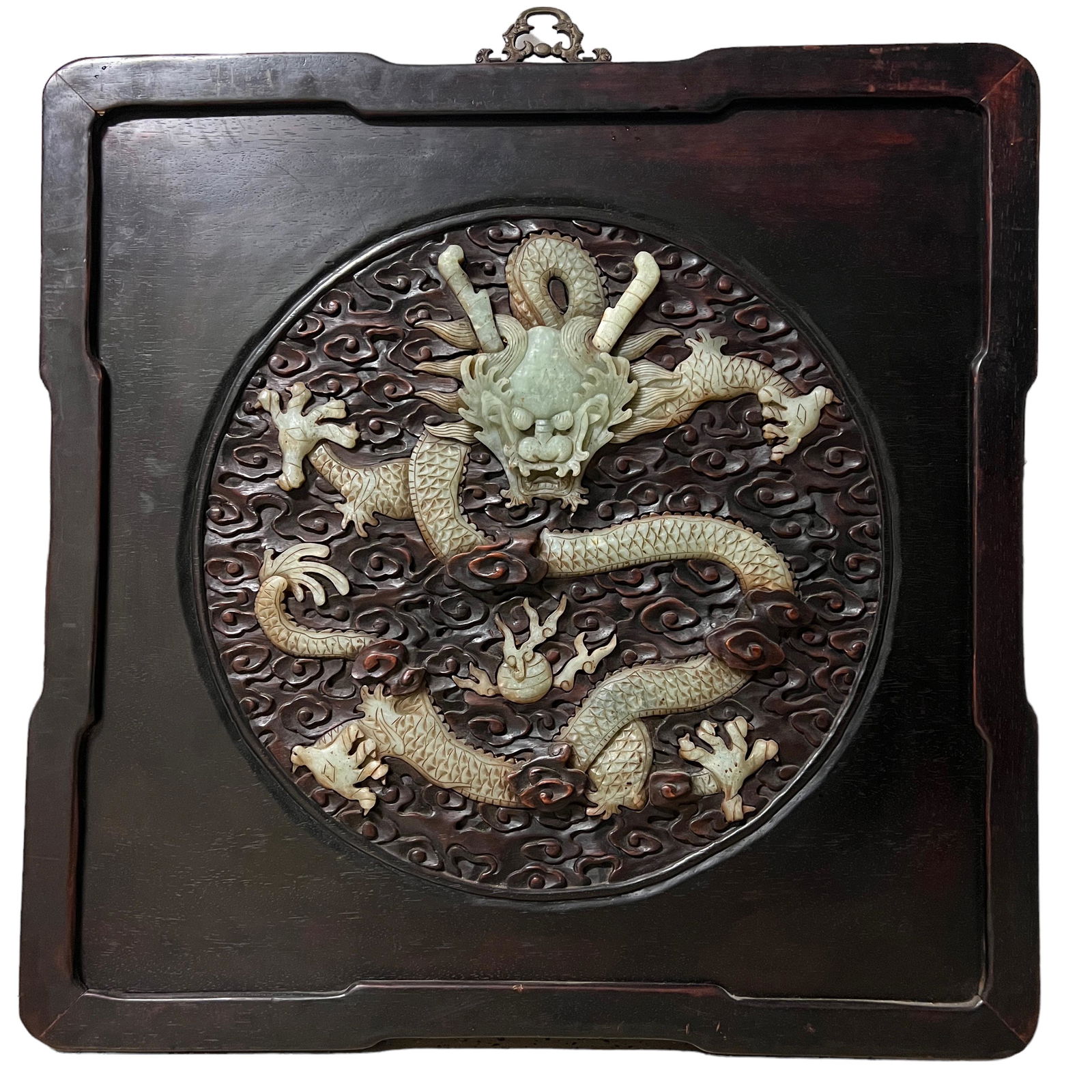 Chinese Jade/Stone Dragon Wood Hanging Plaque (1 of 9)