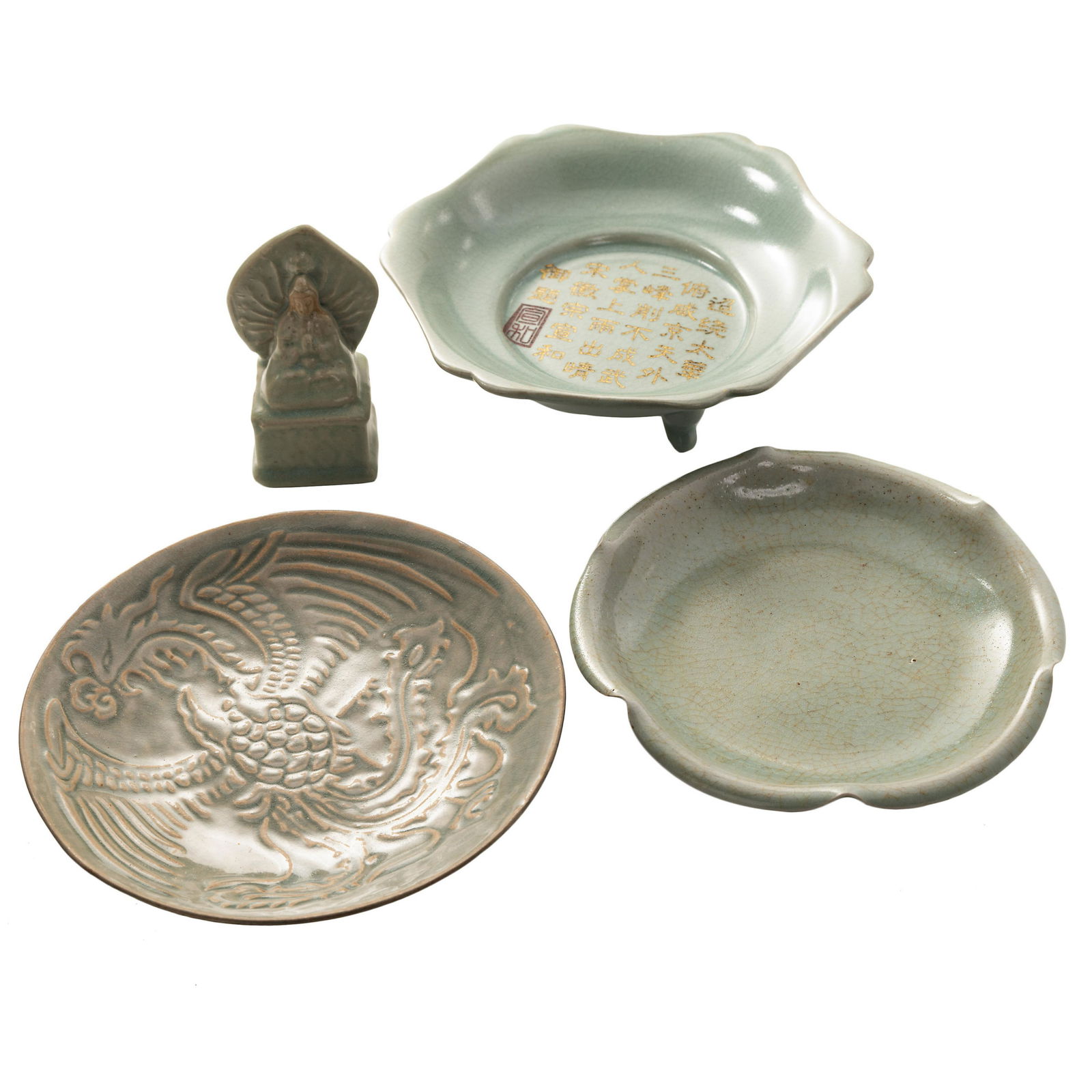 Group Of Four Celadon Dishes And Buddha: H:4.5in(11.4cm) W:2in(5cm) H:2.5in(6.3cm) W:8in(20.3cm) H:1.5in(3.8cm) W:7in(17.7cm) H:1 1/4in(3.1cm) W:7 3/8in(18.7cm)
