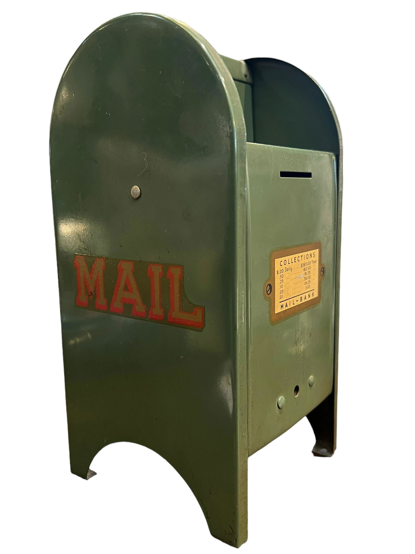 Vintage Miniature Green Post Office Mail Box Bank: H : 9 in ( 22.86 cm ) W : 4 1/4 in ( 10.79 cm ) D : 4 in ( 10.16 cm )