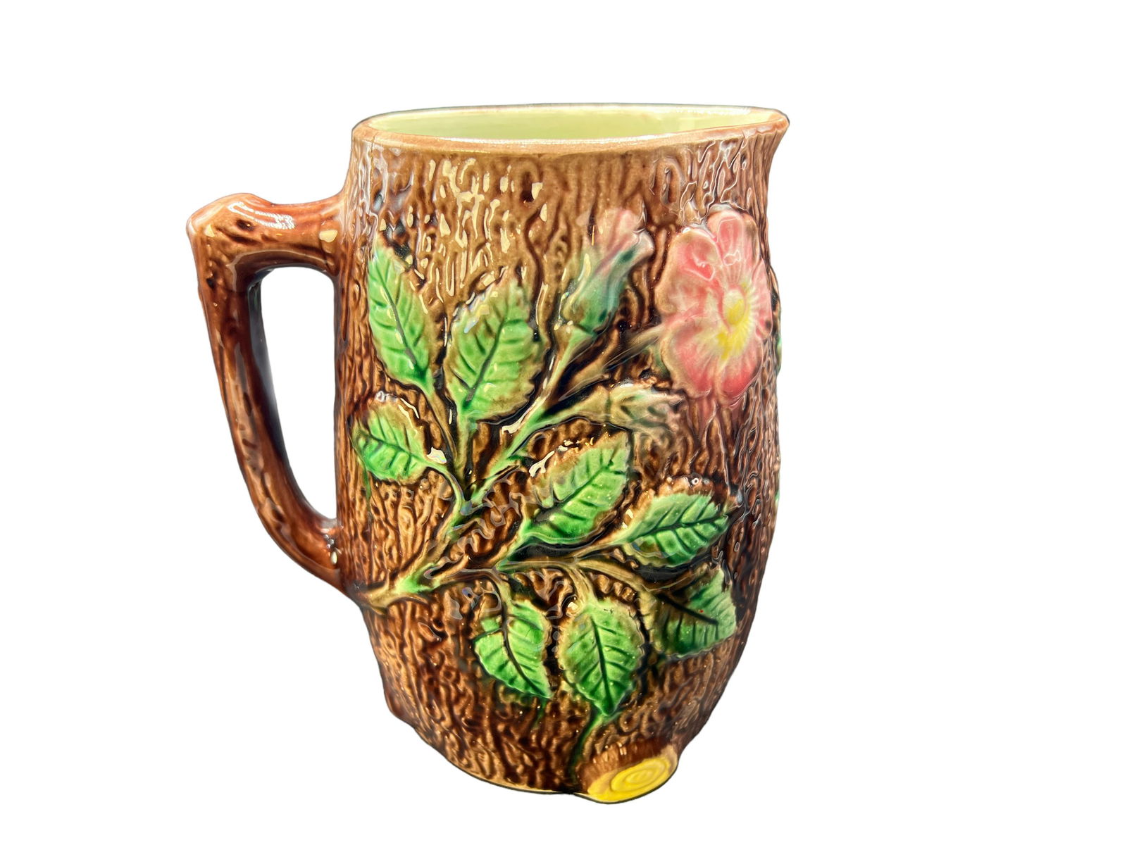 Majolica Pottery Rose on Brown Tree Pitcher Jug (1 of 6)