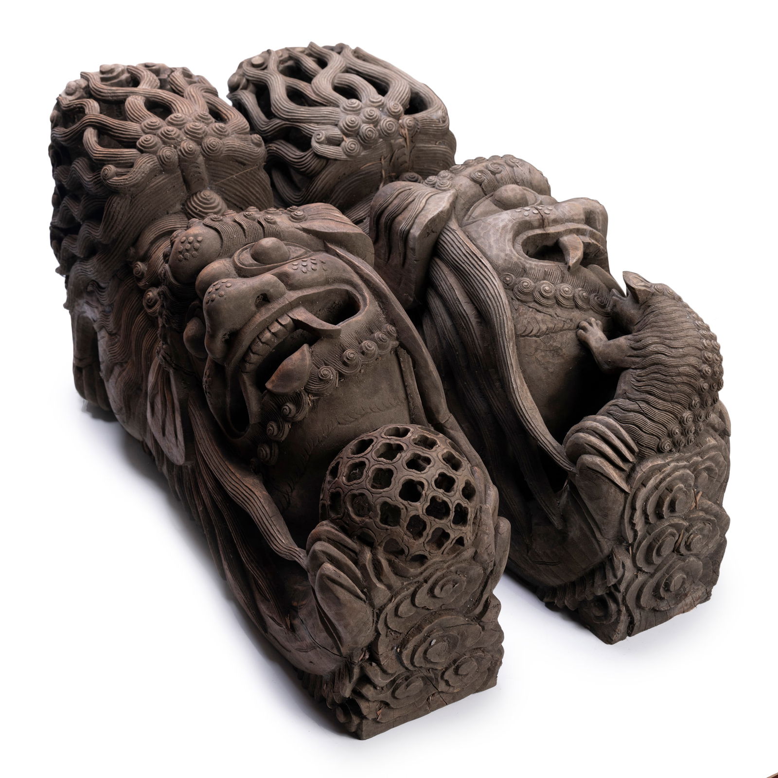 Large Pair Chinese Carved Bracket Wood Foo Loins: L: 31 in. (78.74 cm) W: 8 in. (20.32 cm) H: 16 in. (40.64 cm)