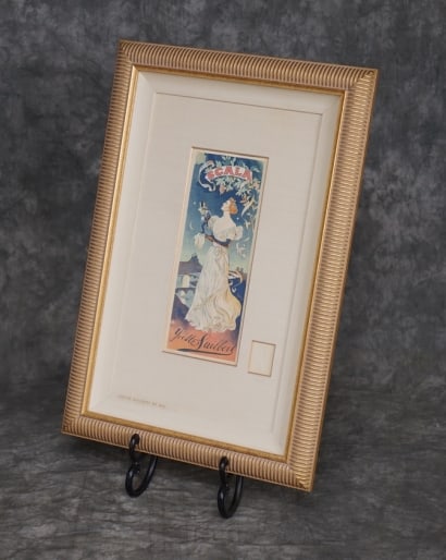 Color Lithograph Signed "Bac 1873": Color lithograph in a notched gold tone wooden frame, signed on the lower left “Bac 1873” and inscribed “Imprimerie Chaix (Ateliers J. Cheret) 20, Rue Bergere Paris” and on the