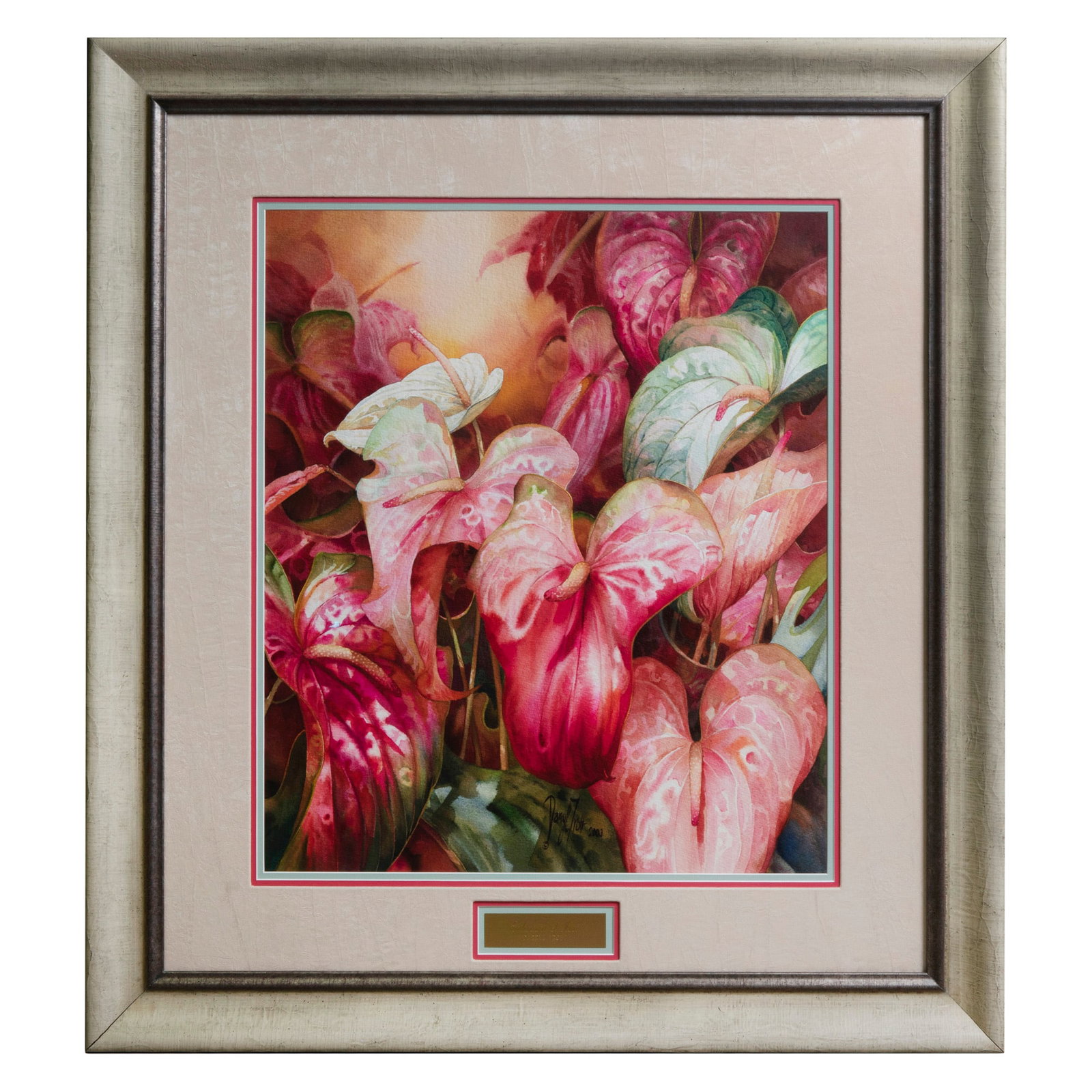Darryl Trott (1942-2004, Australian) Watercolor: Watercolor in a mottled cream tone wooden frame, signed on the lower center with a printed signature “Darryl Trott © 2003.” There is a brass plaque in the center below the image that 