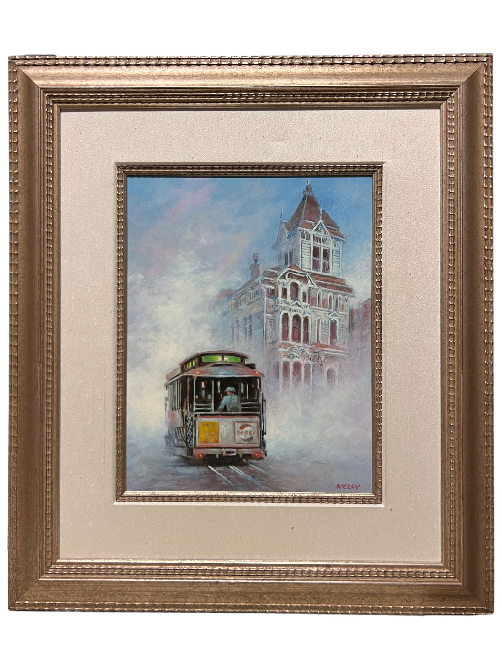 John Kelly. Oil On Board: Oil on board in a copper tone wooden frame, signed on the lower right “Kelly” by John Kelly. The image depicts a cable car on the left foreground emerging from fog in the background. There