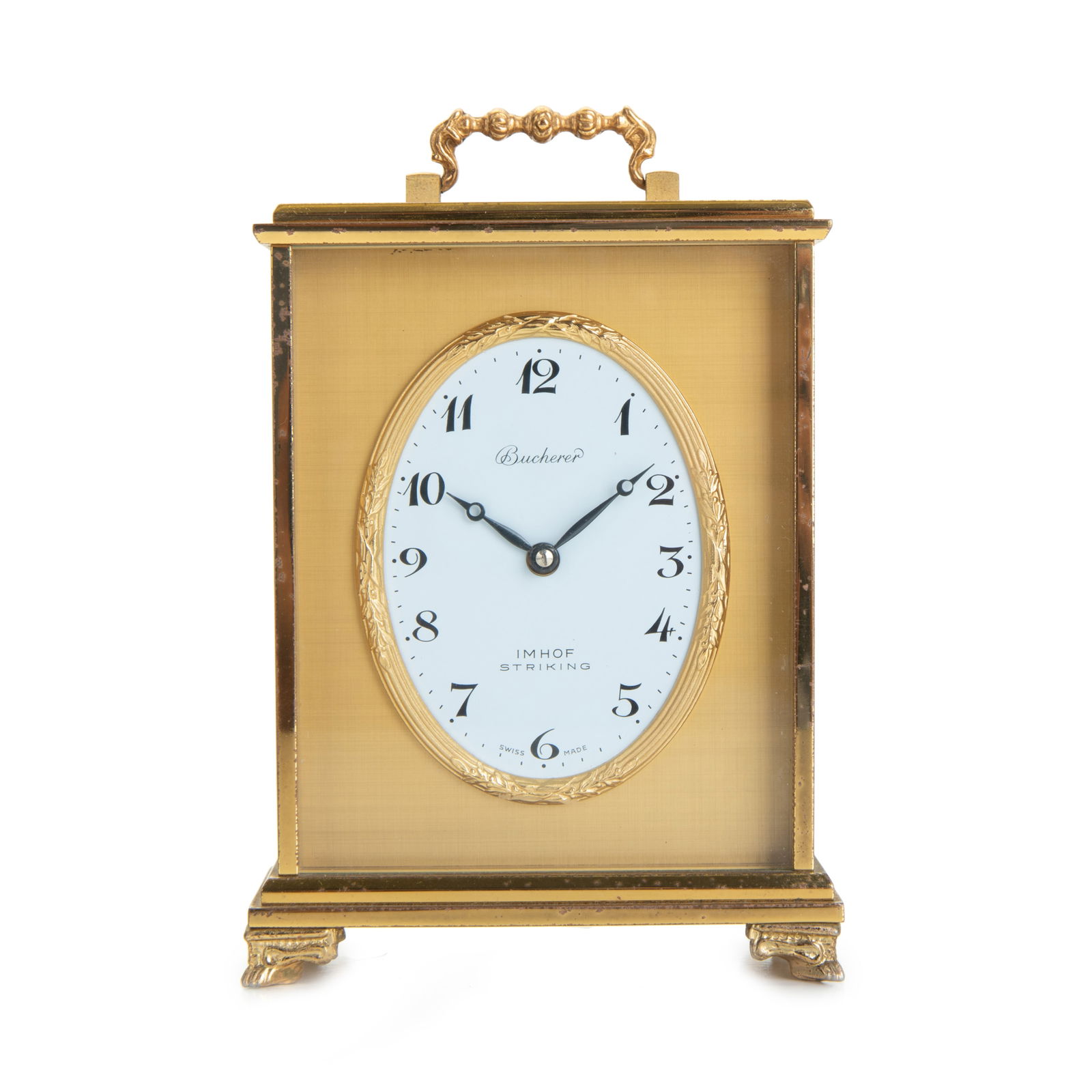 BUCHERER CARRIAGE CLOCK IMHOF STRIKING: Bucherer Carriage Clock Imhof Striking Made In Swiss H:4.25in(10.7cm) W:3.25in(8.2cm)