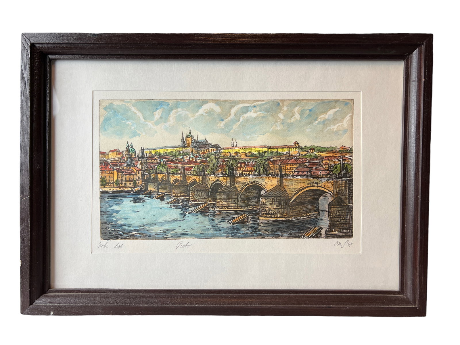 Prague Etching Hand Colored Signed Painting: H : 13 1/2 in ( 34.29 cm ) W : 9 1/2 in ( 24.13 cm )