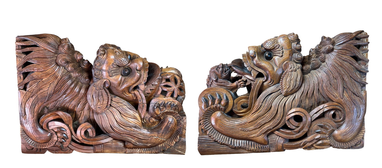 Two Large Carved Wood Openwork Foo Lions (1 of 20)