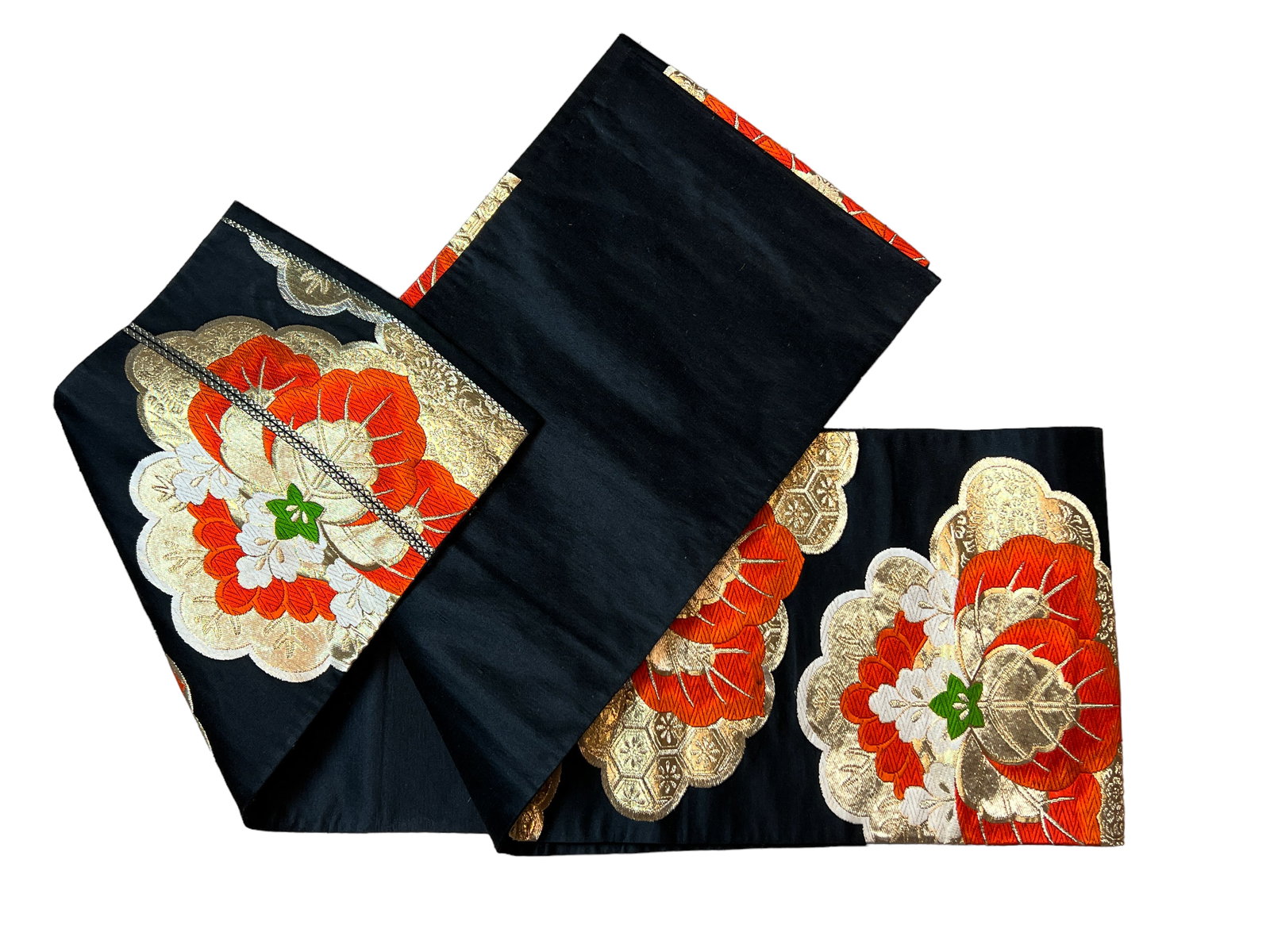 Japanese Vintage Kimono Obi Belt Flower Gold Red (1 of 6)
