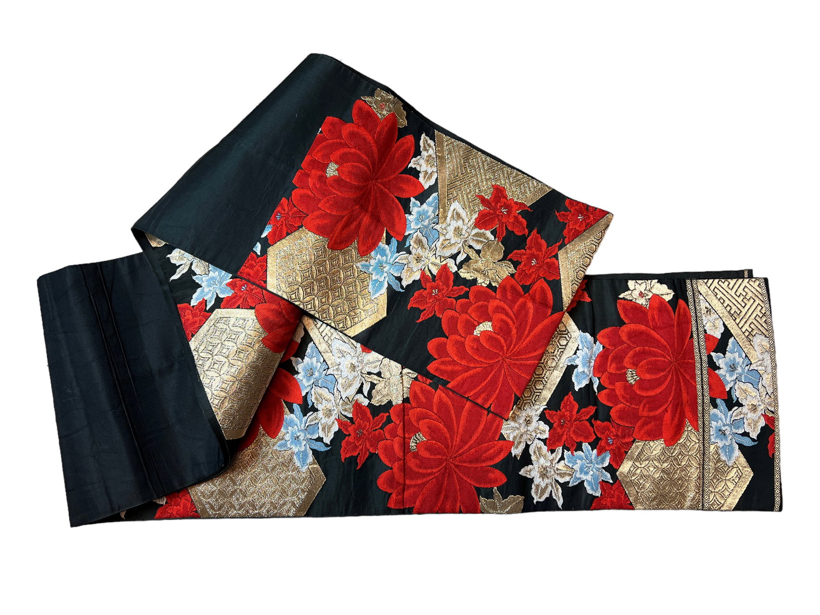 Japanese Vintage Kimono Obi Belt Flower Gold Red (1 of 6)