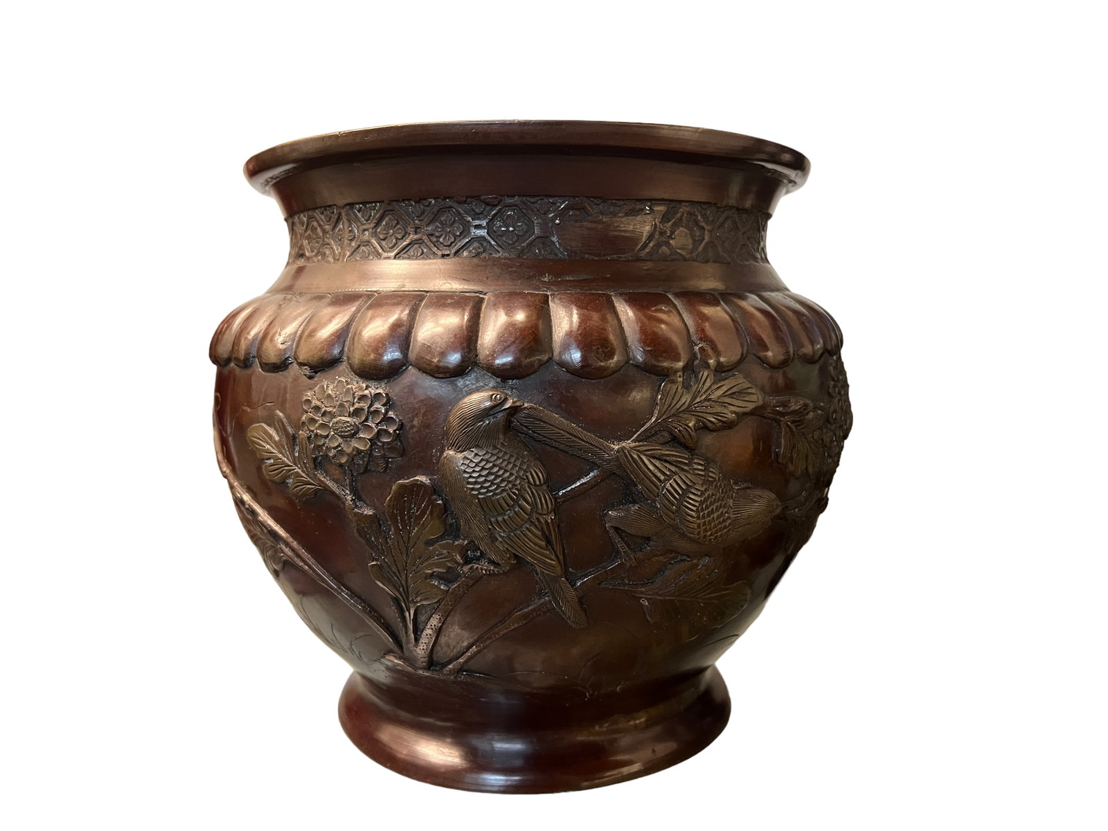 JAPANESE BRONZE JARDINIERE PLANTER BOWL MEIJI: H: 8 1/2 in. ( 21.6 cm ) W: 10 in. ( 25.4 cm )