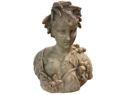 Carved Marble Bust Of A Lady, Signed: H: 12 in. ( 30.48 cm) W: 11 in. ( 27.94 cm)