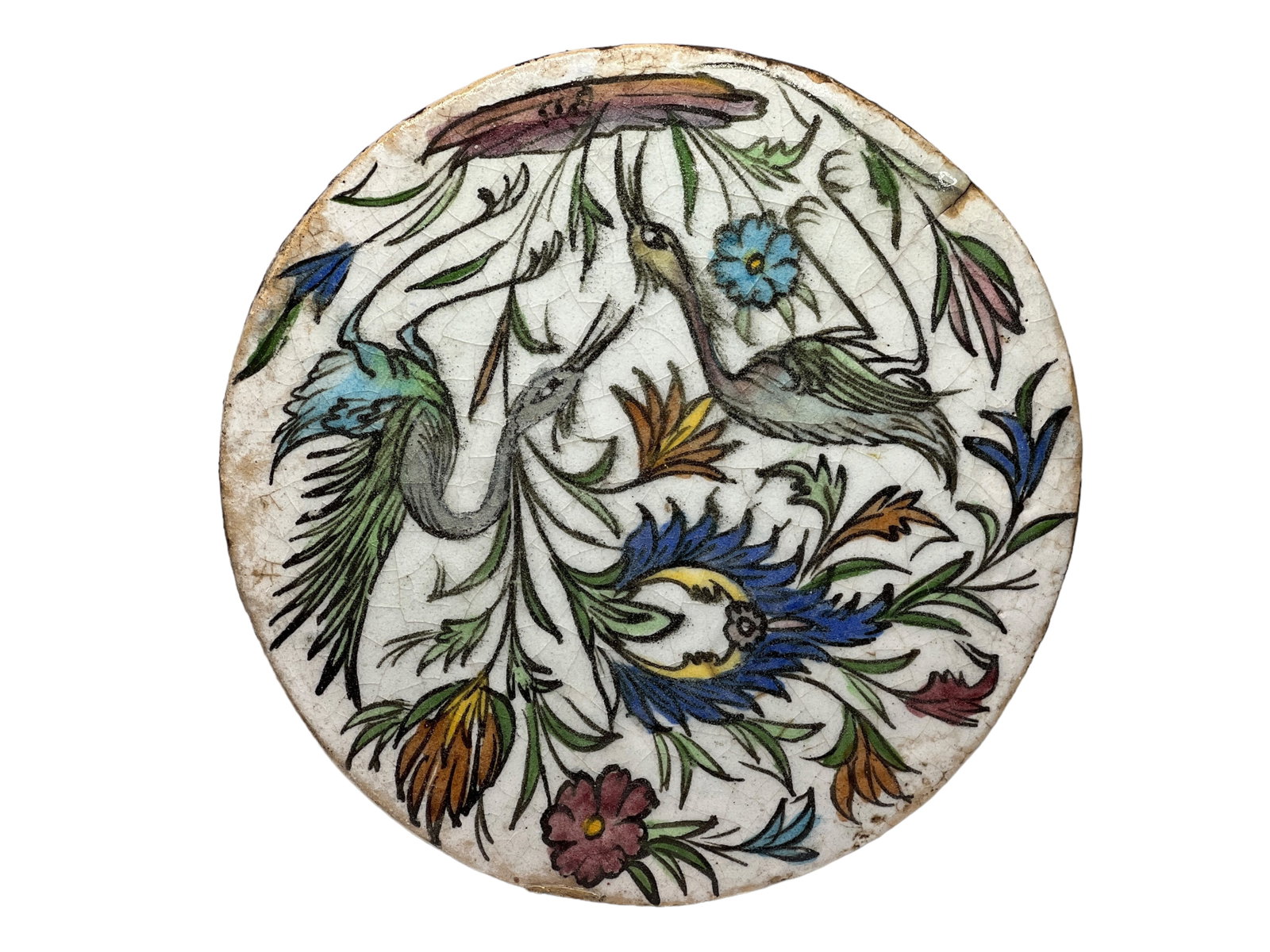 Persian Hand Painted Round Tile w/Birds & Flowers (1 of 4)