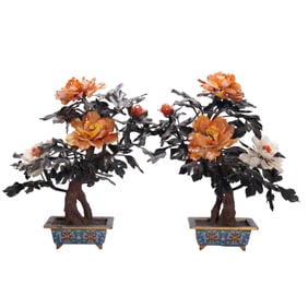 Pair Chinese Jade Tree In Cloisonne Planter,Bonsai