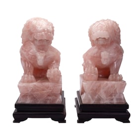 Pair Of Chinese Rose Quartz Carved Foo Dogs