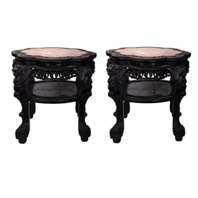 Pair Chinese Carved Wood Marble Top Table Stands