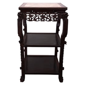 Chinese Carved Wood Marble Top Square Table Stand