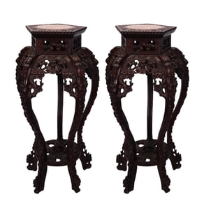 Pair Chinese Carved Wood Marble Top Table Stands