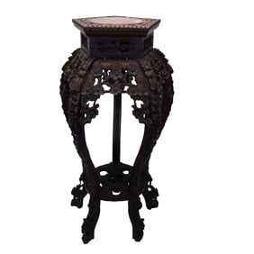 Chinese Carved Wood Marble Top Table Stand