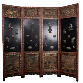 Chinese Four-Panel Jade,Hardstone Overlaid Screen