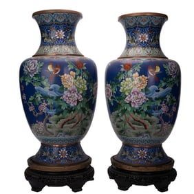 Pair Chinese Blue Cloisonne Vases