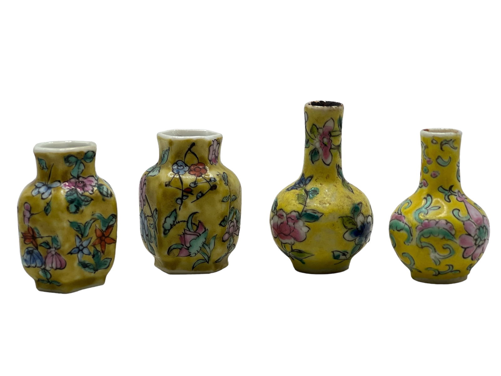 Four Small Yellow Ground Famille Rose Vases (1 of 3)