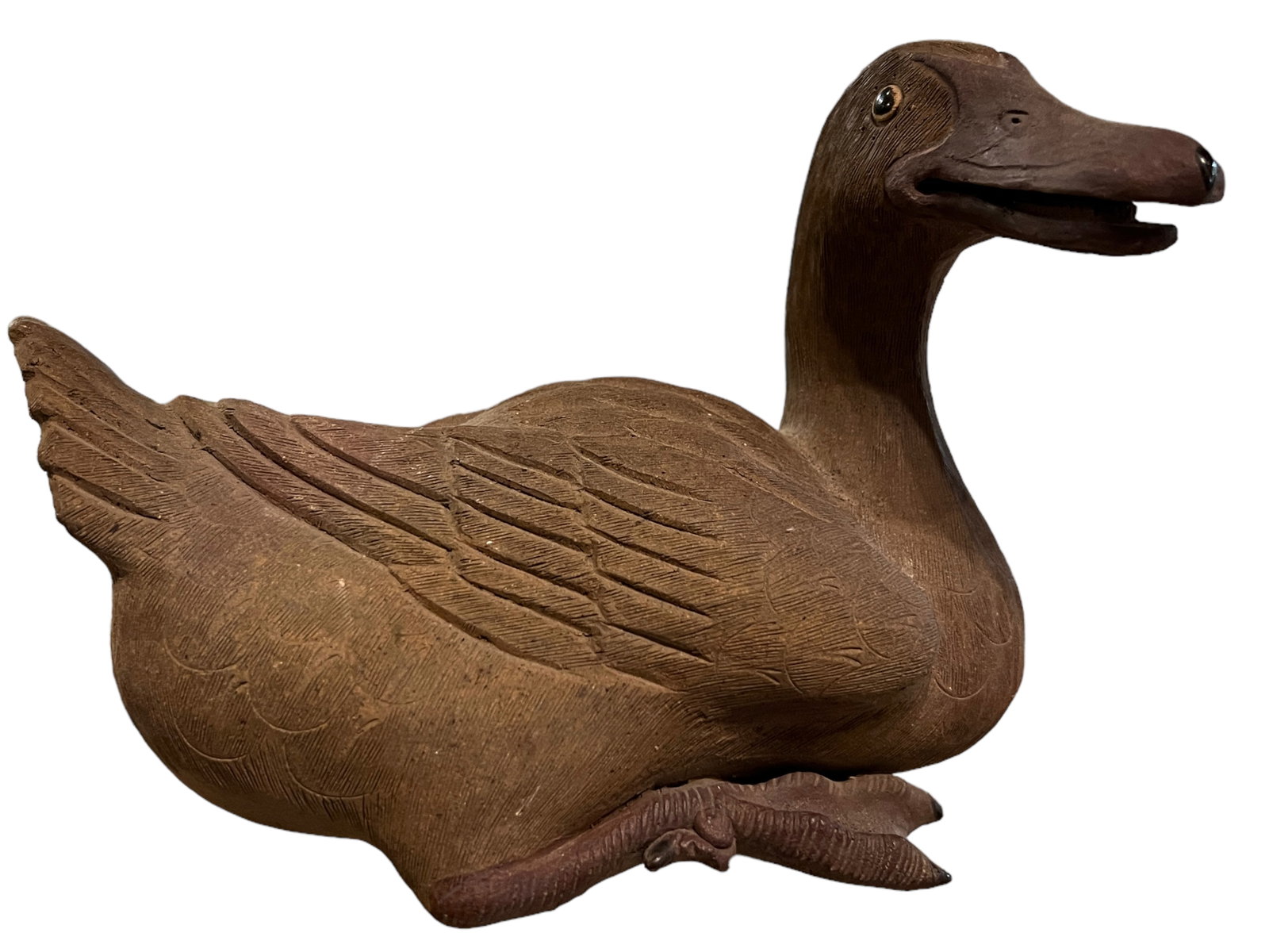 Yixing Glazed Carved Figure Of Duck: H: 5 in. (12.7 cm) W: 7 1/2 in. (19.05 cm)
