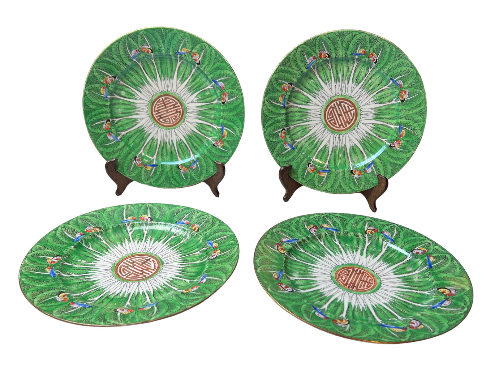Four Chinese Export Porcelain Cabbage Leaf Plates (1 of 2)