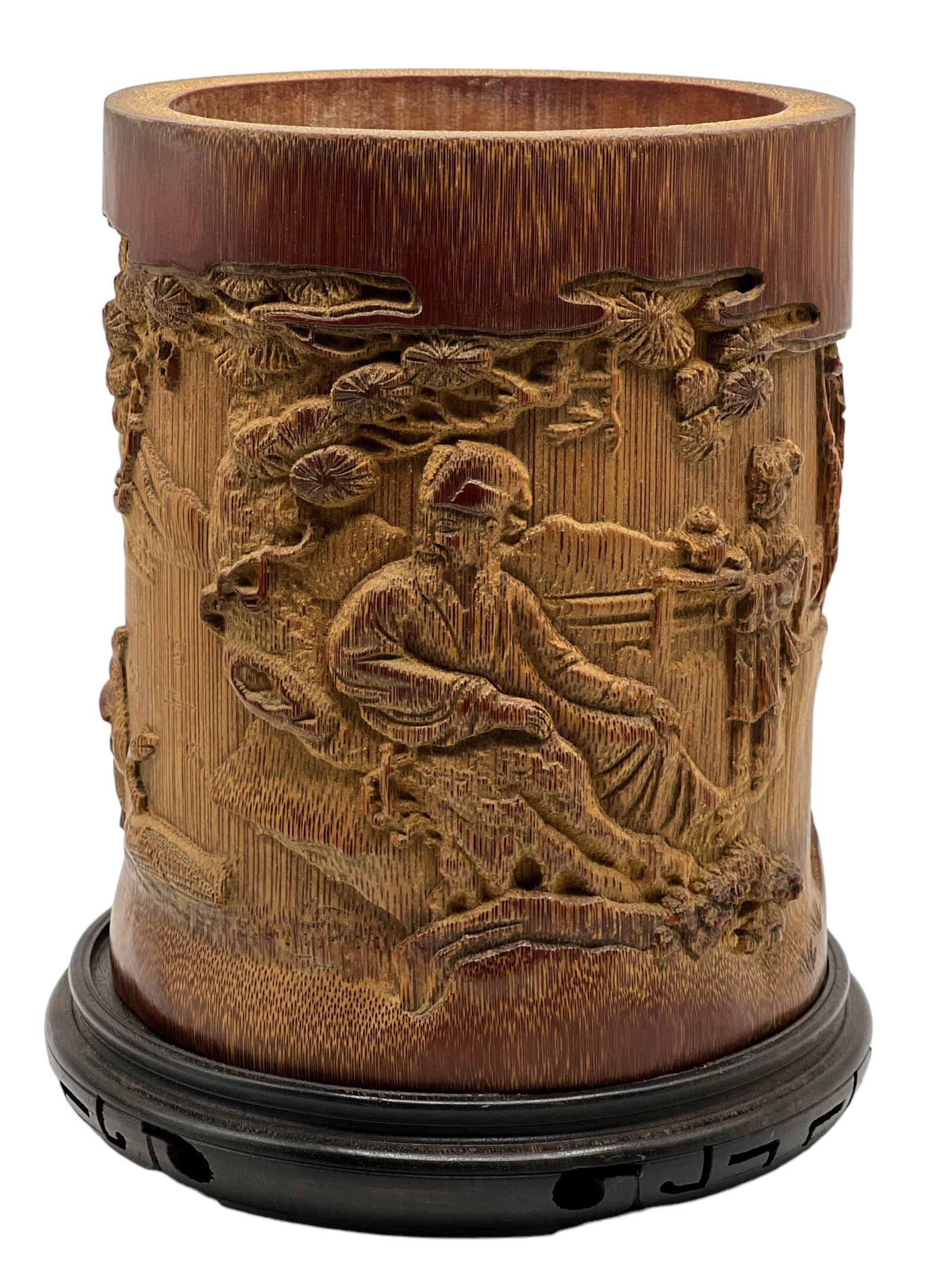 A Chinese Bamboo Carved Brush Pot: H: 6 1/2 inches (16.51 cm) D: 5 1/2 inches (14 cm)