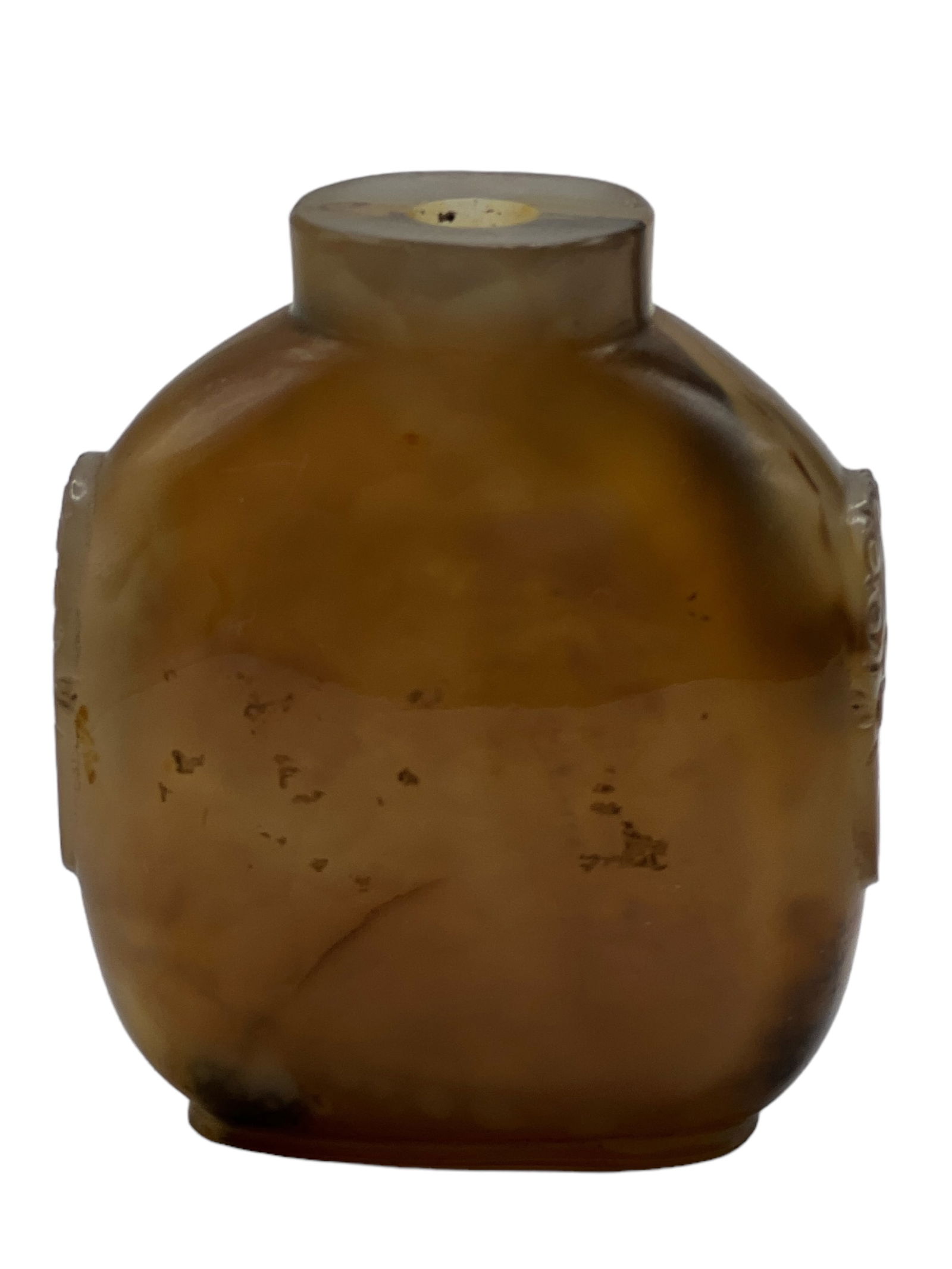 A Chinese Agate Snuff Bottle: H: 2 1/2 inches ( 6.35 cm) W:2 /1/2 inches ( 6.35 cm)