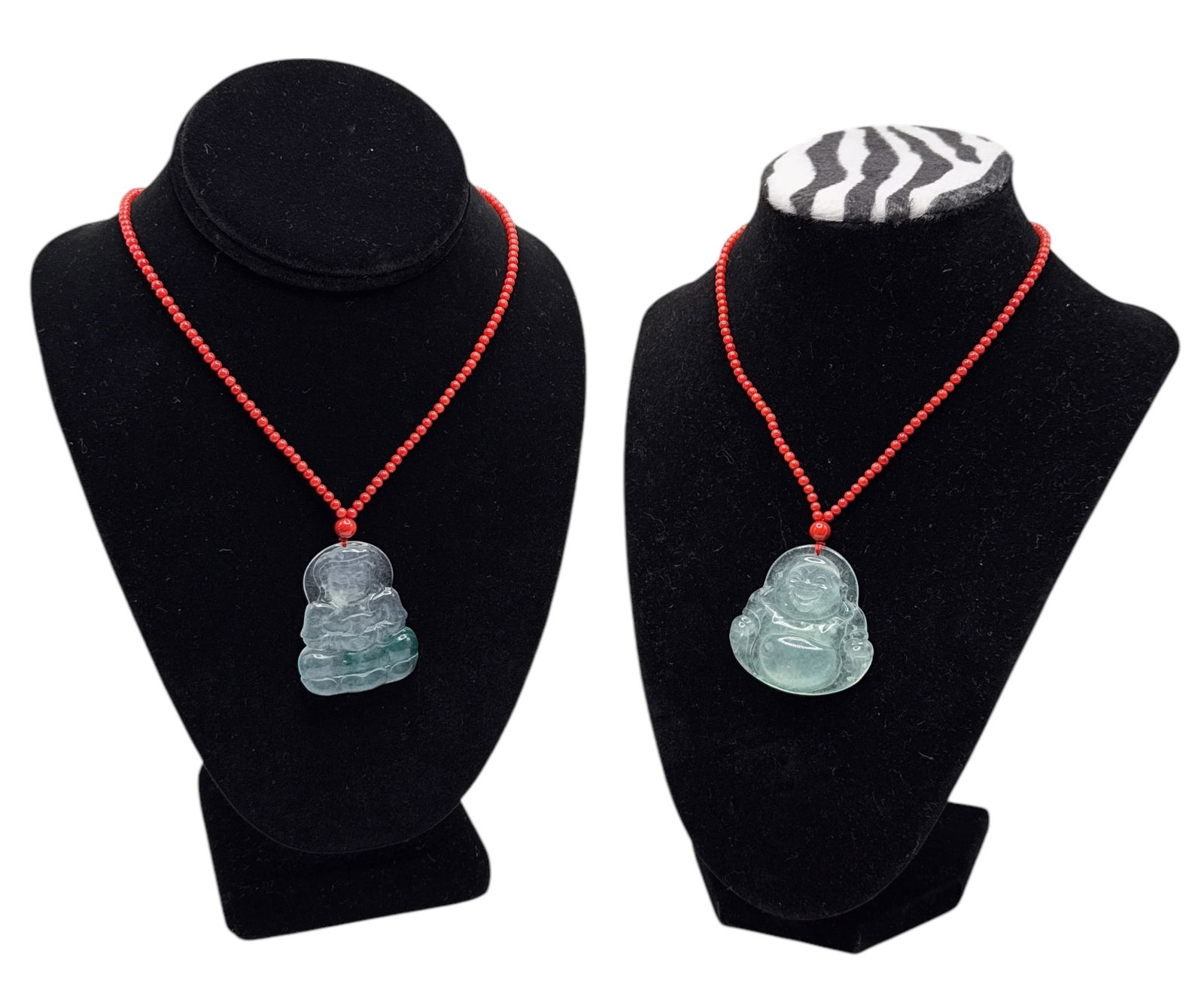 Two Icy Jadeite Style Happy Buddha Coral Pendants (1 of 5)